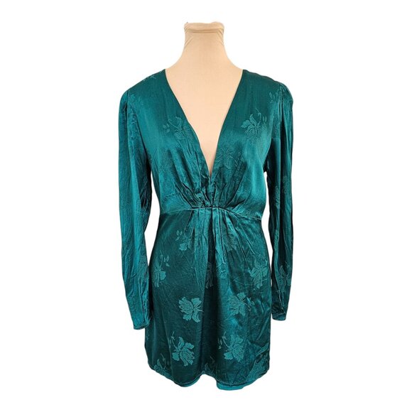 Lovers + Friends Emerald Green Satin Floral Long Sleeve Dress Sz M - Picture 1 of 12